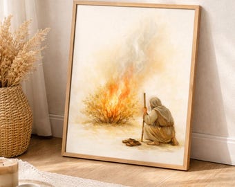 Moses Burning Bush Wall Art Printable, Bible Art Exodus Scripture, LDS Christian Decor, Neutral Linen Watercolor, Faith Wall Art