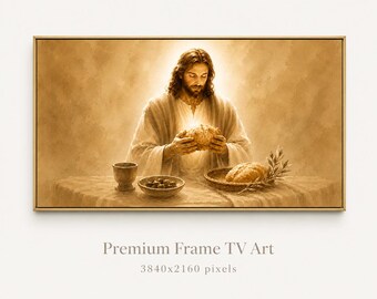 Jezus breekt het brood tv-kunstwerk | Christelijk tv-kunstwerk | Geïnspireerd op het Laatste Avondmaal | Neutraal sepia Jezus-kunstwerk | 4K digitale download
