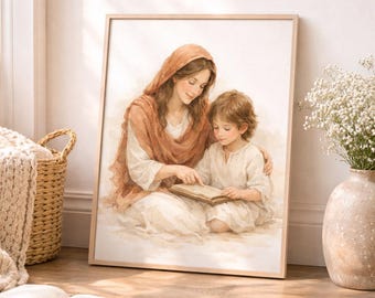 Mary Teaching Young Jesus Wall Art Printable, Christian Mother & Child Art, Biblical Motherhood Artwork, Religious Wall Digital Download