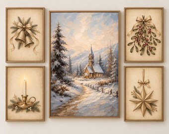 Christmas Church Gallery Wall Art Bundle Set of 5, Snowy Church Winter Prints, Neutral Vintage Christmas Decor, Christian Digital Download
