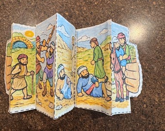 Utskrivbart pyssel med Bibeln för den barmhärtige samariten | Aktivitet för LDS Primary med Kom och följ mig | Målarpyssel för söndagsskolan | Liknelsen om Lukas 10 för barn med dragspel