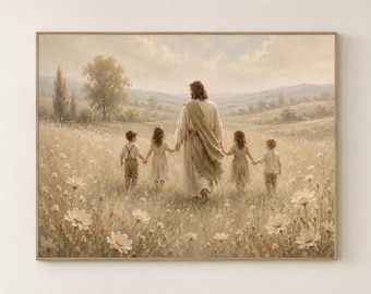 Christelijke familie kunst aan de muur afdrukbaar, Jezus met kinderen landschapsprint, Verlosser kunst direct downloaden,