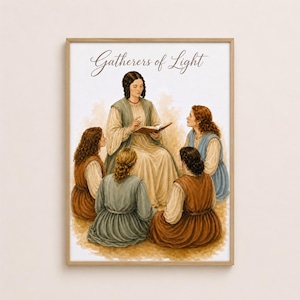 Op de afbeelding: Een ingelijste prent met een aquarel illustratie van een groep mensen in een cirkel. Een centrale figuur, zittend en een boek lezend, is omringd door anderen. De tekst "Gatherers of Light" staat bovenaan.