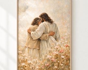 Jesus Hugging Middle Aged Woman Wall Art, Christ Comforting Art, Christian Printable, Jesus Embrace Painting, LDS Relief Society Gift