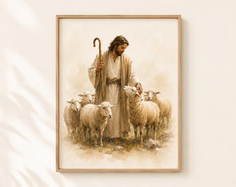 Jesus Good Shepherd Watercolor Print, Christ With Sheep Wall Art, Christian Printable, Neutral Jesus Art, LDS Home Decor