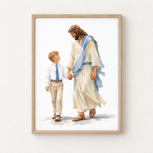 May include: A framed watercolour print depicting a young child with blonde hair wearing a white button-down shirt, a blue tie, and tan trousers, walking hand-in-hand with a figure in a long white robe and a flowing blue sash.