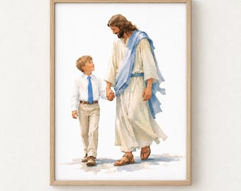 LDS Boy Baptism Program Cover, Jesus Christ Baptism Art, Printable Baptism Program, Primary Boy Baptism, Christian Watercolor