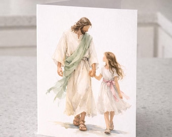 Jesus and Child Watercolor Print, LDS Baptism Program Cover Art, Christian Wall Art, Savior With Girl Printable Download