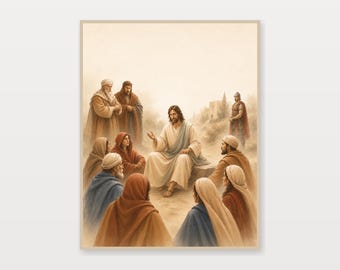 Jesus Teaching at the Temple Printable Wall Art, Christian Bible Art, Scripture Decor, Jesus Teaching Followers