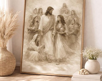 Jesus med kvinnor i Nya testamentet Sepia bibelkonst, Maria Magdalena Maria Marta kristen väggkonst, bibeldekor digital nedladdning