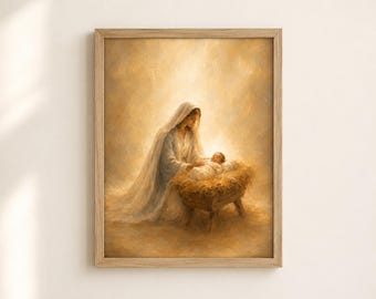 Mary and Baby Jesus Printable Wall Art, Nativity Oil Painting, Christian Christmas Decor, Mother and Child Religious Art