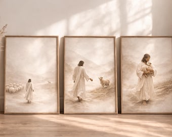 May include: Set of three framed art prints. Each print features a sepia-toned illustration of a figure in a white robe with a sheep. The first print shows the figure walking towards a flock. The second shows the figure with a sheep. The third shows the figure holding a sheep.