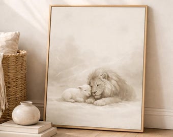 Grafika ścienna z barankiem i lwem do druku, chrześcijański wystrój pokoju dziecięcego, grafika z lwem i barankiem Jezusa, religijny neutralny beż do druku, chrześcijański wystrój pokoju dziecięcego