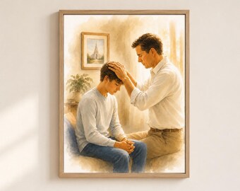 LDS Father’s Blessing to Son Watercolor Print, Priesthood Blessing Art, Matthew 16:18-19, Young Men Gift, Christian Wall Art