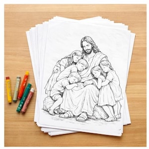 May include: A stack of coloring book pages featuring a black and white illustration of Jesus with children. Several colorful crayons are scattered on the wooden surface. The image depicts a religious theme, suitable for children's activities.