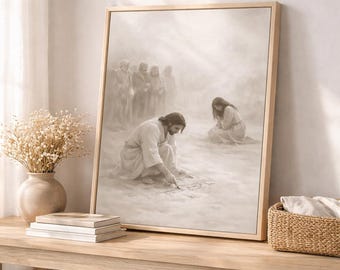 Jesus Writing in the Sand Print, Woman Taken in Adultery Wall Art, Christian Printable, Bible Story Art Download, LDS Religious Decor