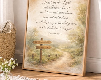 Grafika ścienna "Zaufaj Panu" do druku, Wydruk z Księgi Przysłów 3:5-6, Dekoracja ścienna z motywem chrześcijańskim, Neutralny pejzaż do pobrania