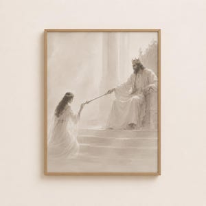 May include: A framed sepia-toned print depicts a regal scene. A king wearing a crown sits on a throne, extending a scepter towards a kneeling figure. The artwork is set against a backdrop of architectural elements, creating a sense of grandeur and historical context.