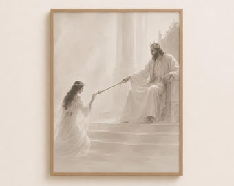 Koningin Esther Before the King kunst aan de muur afdrukbare, neutrale christelijke kunst downloaden, bijbelverhaal beige schilderij, Esther digitale print