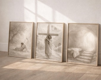 Jesus Atonement Triptych Printable Wall Art – Gethsemane Prayer, Carrying the Cross, Empty Tomb – Christian Easter Decor Set
