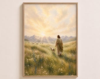 Jezus en het verloren schaap afdrukbare muurkunst, LDS christelijke digitale download, Jezus Christus landschap, trouwe herder kunst, bijbeldecor