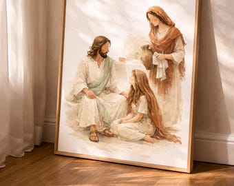 Jesus with Mary and Martha Printable Wall Art | Luke 10:38-42 Bible Illustration | Christian Wall Decor | Scripture Art Print |