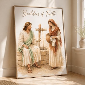 Può includere: Stampa artistica incorniciata con un'illustrazione ad acquerello di due figure vicino a un pozzo. L'opera raffigura un uomo in abiti bianchi e una donna con una brocca, con il testo "Builders of Faith" in alto. La cornice è color oro chiaro.