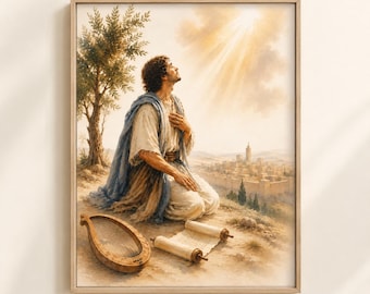David Psalms Printable Wall Art, King David Prayer Watercolor, Biblical Christian Art, Scripture Decor, Religious Digital Download