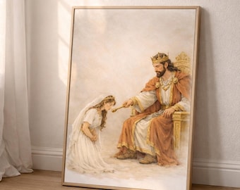 Ester inför kungen bibelkonsttryck, kristen väggkonst, bibelillustration, bibelberättelsedekor, religiös utskrivbar, kristen gåva