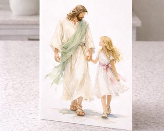 Jezus z Dzieciątkiem – grafika ścienna do druku, okładka zaproszenia na chrzest Kościoła Jezusa Chrystusa Świętych w Dniach Ostatnich, wystrój pokoju dziecięcego, prezent na chrzest, akwarelowy Jezus do pobrania w wersji cyfrowej