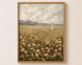 Jesus Walking Through Wildflowers Printable Wall Art, Christian Portrait Painting, Neutral Floral Field Art, Bible Inspired Decor