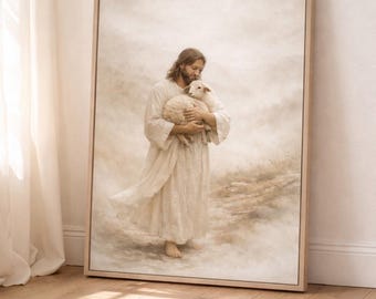 Jesus Carrying Lost Lamb Wall Art Printable, Good Shepherd Christian Art Print, Sepia Bible Artwork, LDS Christian Wall Decor Digital