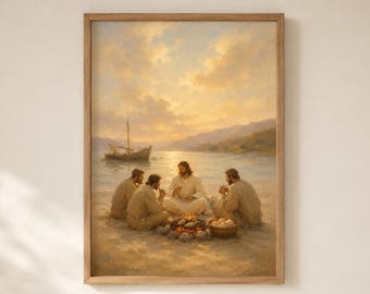 復活後、弟子たちと魚を食べるイエスのプリント可能な壁掛けアート、ヨハネによる福音書21章のキリスト教装飾、海岸のイエスの絵画、デジタルダウンロード