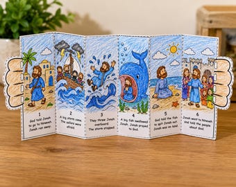 Jonah and the Whale Accordion Craft for Kids | Bible Story Printable Coloring Activity | Sunday School Craft PDF
