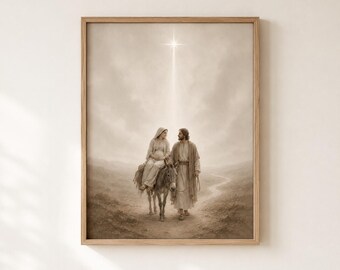 Muurdecoratie met het thema 'Reis naar Bethlehem', Maria, Jozef en de ezel, kerststal, Ster van Bethlehem, neutrale christelijke decoratie.