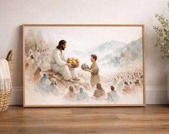 Jesus Feeds Multitude Watercolor Art Print, Christian Home Decor (Digital Download)