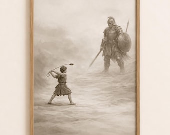 David and Goliath Wall Art Printable, Bible Story Christian Art, Faith Courage Scripture Illustration, Biblical Nursery Art Download