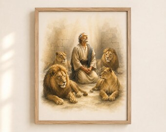 ダニエルとライオンの穴の水彩画プリント、キリスト教の壁掛けアート、聖書物語の印刷物、ダニエルとライオンのアート、聖書の装飾、デジタルダウンロード