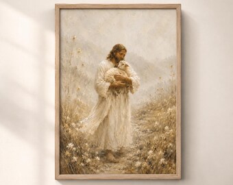 Jesus Carrying the Lost Lamb Print, Christian Wall Art, Good Shepherd Artwork, LDS Decor, Neutral Beige Printable Download