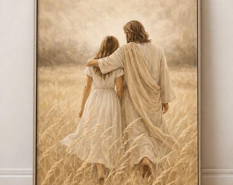 Jesus Walking With Young Woman Printable Wall Art, Christian Wheat Field Poster, LDS Jesus & Girl Print, Neutral Beige Farmhouse Decor,