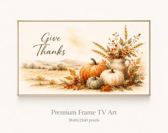 Geef dank voor je herfstfotolijst voor tv, Thanksgiving tv-decoratie, herfstdecoratie met pompoenen in aquarel, Samsung tv-fotolijst, 4K digitale download