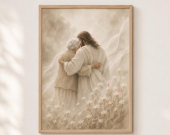 Jezus troostende oudere vrouw afdrukbare muurkunst, christelijke digitale download, Jesus Hug Art, LDS-decor, rouwcadeau, Memorial Program Art