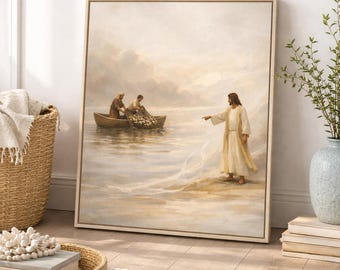 Jesus Cast Your Nets Other Side Art, Miraculous Catch of Fish, Luke 5 Wall Art, Christian Printable, LDS Scripture Art