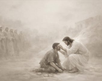 Jesus helar den blinde mannen Sepia konsttryck (digital nedladdning)