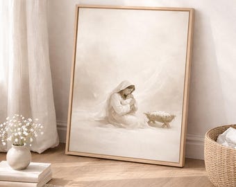 Maria och Jesusbarnet väggkonst utskrivbar, kristen mors dag-present, Maria-konst, barnrumsdekor, religiös utskrivbar