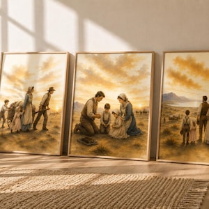 May include: Three framed vertical wall art prints depicting pioneer families in a golden-hued landscape. The scenes show figures in period clothing walking, kneeling in prayer, and standing together in a vast field under a warm, sunset-lit sky.