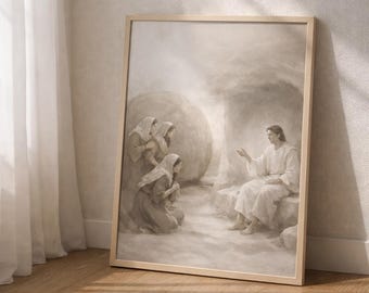 Utskrivbar konst med uppståndelsen från den tomma graven | Bibelscen från Markus 16 | Kristen väggkonst med påskmotiv | Jesu uppståndelse | Religiös utskrivbar dekor