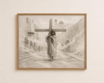 Kunstdruck „Jesus trägt das Kreuz“, christliche Osterdekoration (Digitaler Download)