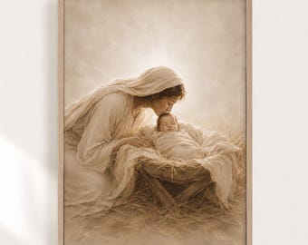 Mary Kissing Baby Jesus Print, Sepia Nativity Wall Art, Christian Christmas Printable, Catholic Religious Art, Digital Download