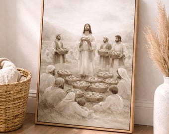 Jesus Feeding 5000 Wall Art, Christ Blessing Bread, Bible Art Printable, Christian Wall Decor, LDS Art, Scripture Art, Sepia Jesus Print